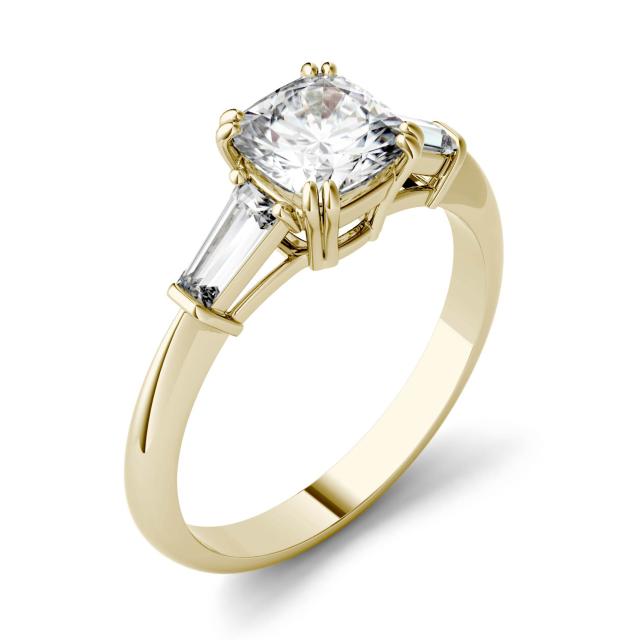 1.47 CTW DEW Cushion Forever One Moissanite Three Stone Engagement Ring in 14K Yellow Gold