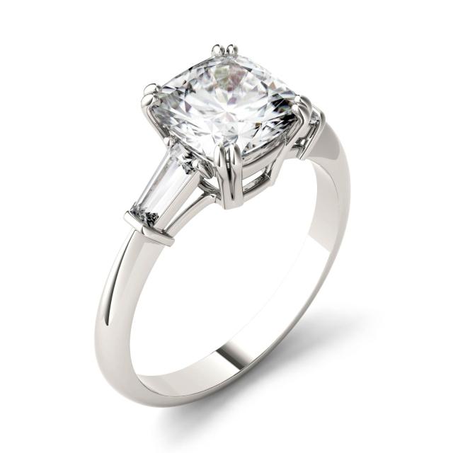 2.37 CTW DEW Cushion Forever One Moissanite Three Stone Engagement Ring in 14K White Gold