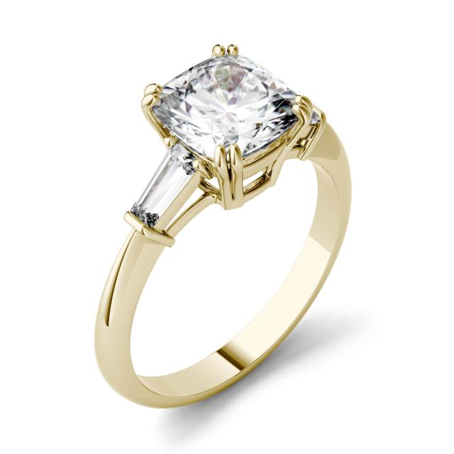 2.37 CTW DEW Cushion Forever One Moissanite Three Stone Engagement Ring in 14K Yellow Gold