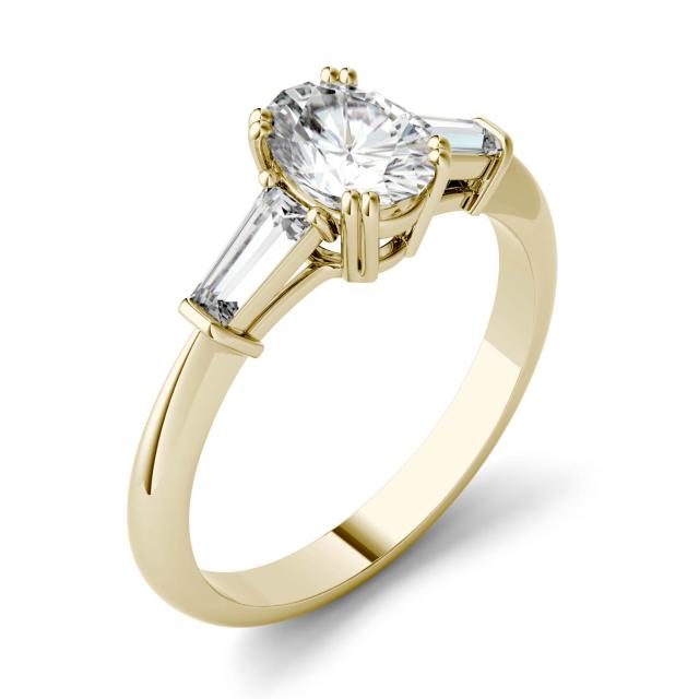 1.27 CTW DEW Oval Forever One Moissanite Three Stone Engagement Ring in 14K Yellow Gold