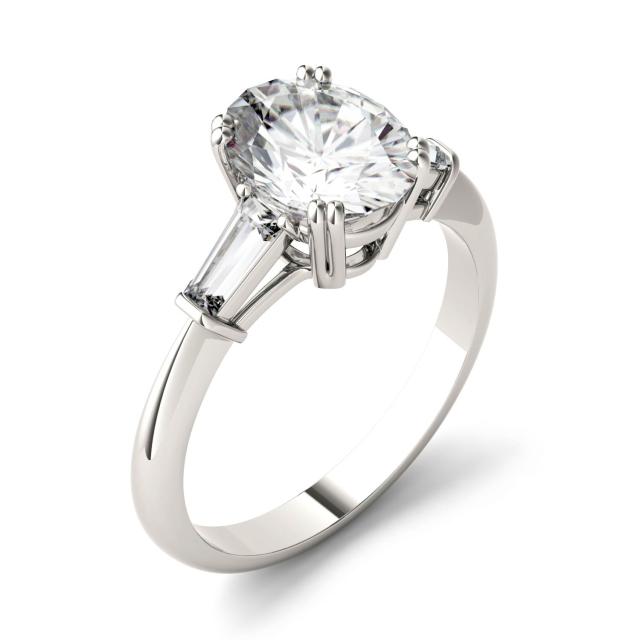 2.47 CTW DEW Oval Forever One Moissanite Three Stone Engagement Ring in 14K White Gold