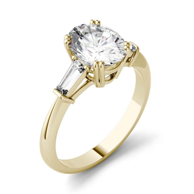 2.47 CTW DEW Oval Forever One Moissanite Three Stone Engagement Ring in 14K Yellow Gold