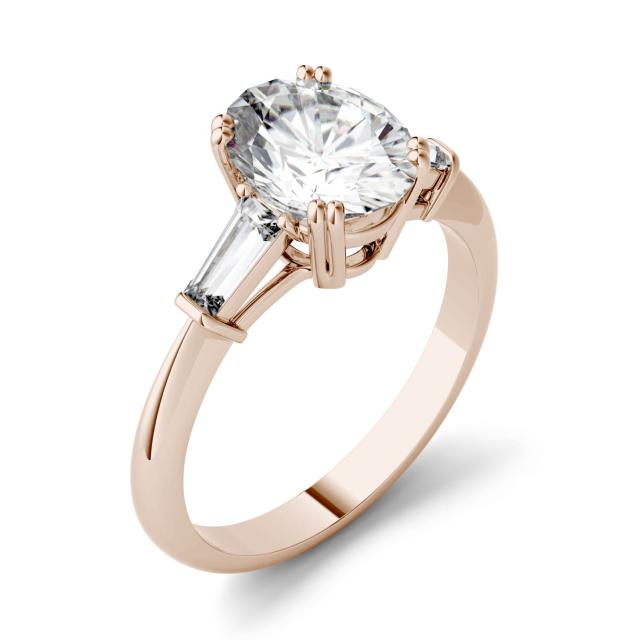 2.47 CTW DEW Oval Forever One Moissanite Three Stone Engagement Ring in 14K Rose Gold