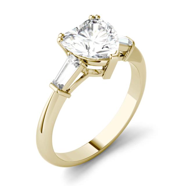 2.17 CTW DEW Heart Forever One Moissanite Step Cut Baguette Side Accent Three Stone Engagement Ring in 14K Yellow Gold