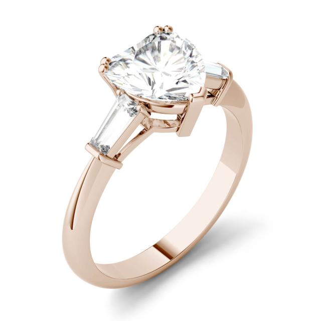2.17 CTW DEW Heart Forever One Moissanite Step Cut Baguette Side Accent Three Stone Engagement Ring in 14K Rose Gold