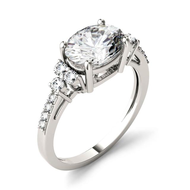 2.30 CTW DEW Oval Forever One Moissanite East-West with Side Accents Engagement Ring in 14K White Gold