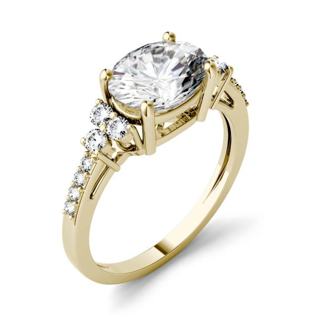 2.30 CTW DEW Oval Forever One Moissanite East-West with Side Accents Engagement Ring in 14K Yellow Gold