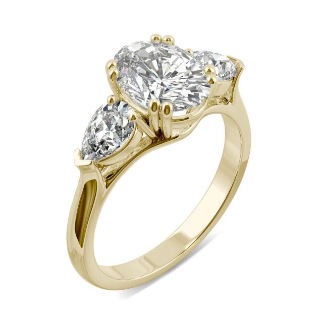 2.96 CTW DEW Oval Forever One Moissanite Pear Three Stone Engagement Ring in 14K Yellow Gold