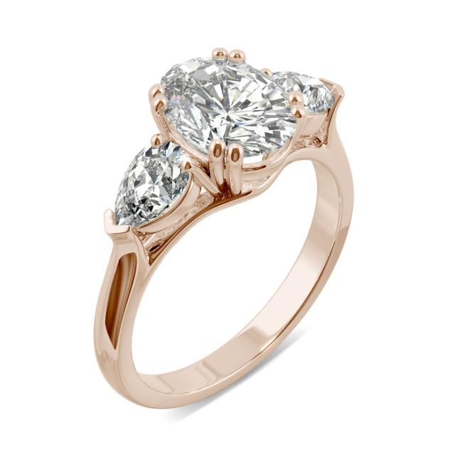 2.96 CTW DEW Oval Forever One Moissanite Pear Three Stone Engagement Ring in 14K Rose Gold