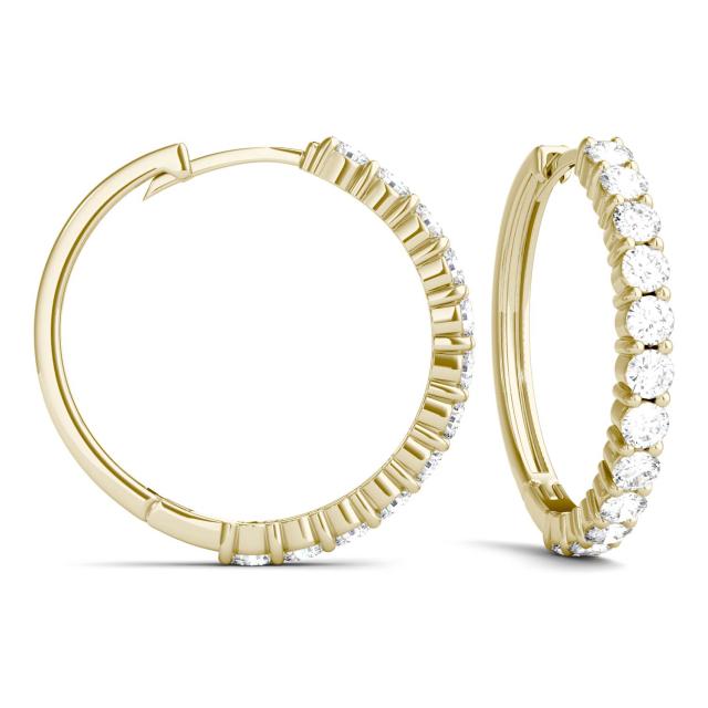 1.08 CTW DEW Round Forever One Moissanite Shared Prong Hoop Earrings in 14K Yellow Gold