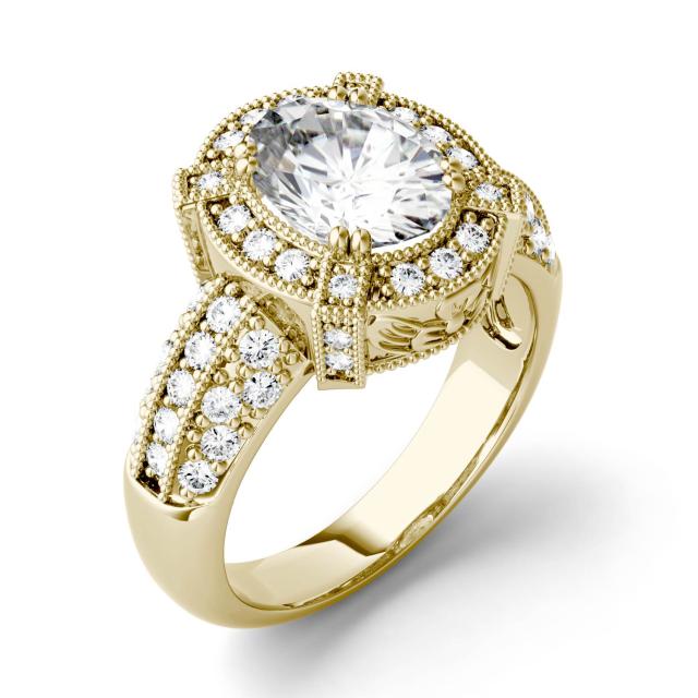 2.79 CTW DEW Oval Forever One Moissanite Vintage Milgrain Halo Ring in 14K Yellow Gold