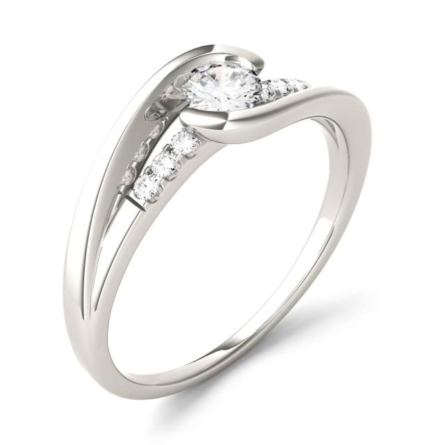 0.29 CTW DEW Round Forever One Moissanite Half Bezel Twist with Side Accents Ring in 14K White Gold
