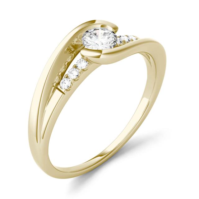 0.29 CTW DEW Round Forever One Moissanite Half Bezel Twist with Side Accents Ring in 14K Yellow Gold