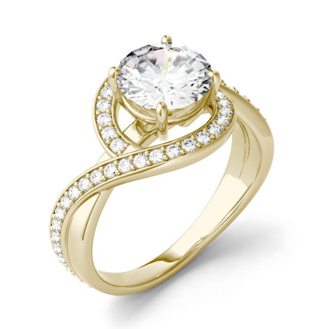 1.90 CTW DEW Round Forever One Moissanite Twist Halo Engagement Ring in 14K Yellow Gold