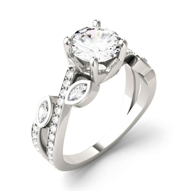 2.05 CTW DEW Round Forever One Moissanite Solitaire Engagement with Leaf Side Accents Ring in 14K White Gold