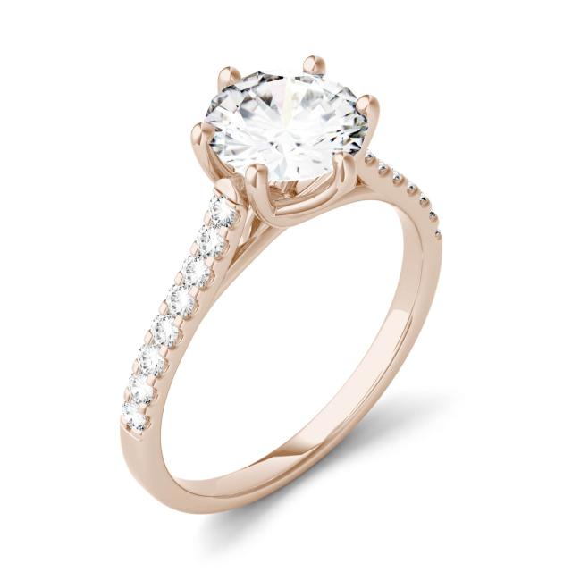 1.74 CTW DEW Round Forever One Moissanite Solitaire with Side Accents Ring in 14K Rose Gold