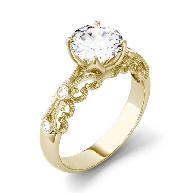 1.54 CTW DEW Round Forever One Moissanite Filigree Solitaire with Side Accents Ring in 14K Yellow Gold