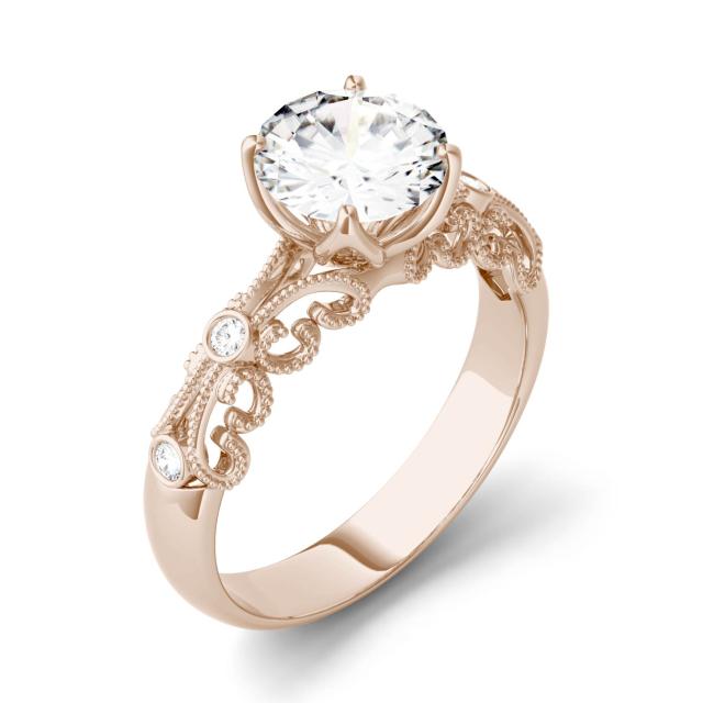 1.54 CTW DEW Round Forever One Moissanite Filigree Solitaire with Side Accents Ring in 14K Rose Gold