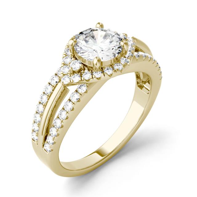1.35 CTW DEW Round Forever One Moissanite Abstract Halo Engagement Ring in 14K Yellow Gold