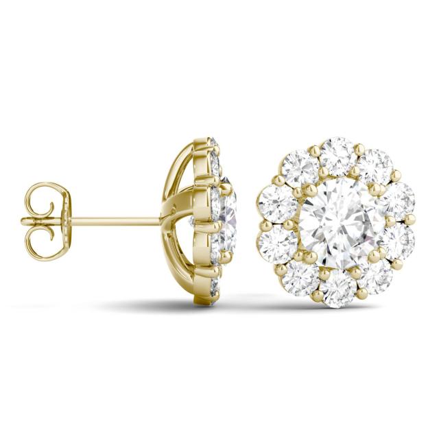 4.00 CTW DEW Round Forever One Moissanite Floral Halo Stud Earrings in 14K Yellow Gold