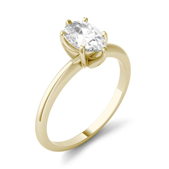 0.94 CTW DEW Pear Forever One Moissanite Solitaire Engagement Ring in 14K Yellow Gold