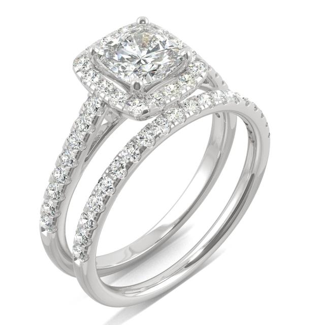 1.87 CTW DEW Cushion Forever One Moissanite Halo Bridal Set Ring in 14K White Gold