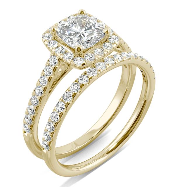 1.87 CTW DEW Cushion Forever One Moissanite Halo Bridal Set Ring in 14K Yellow Gold