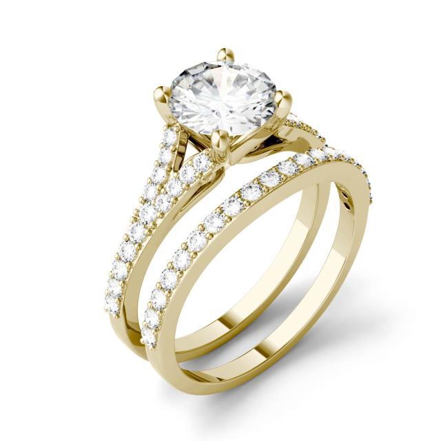 2.13 CTW DEW Round Forever One Moissanite Side-Stone Bridal Ring in 14K Yellow Gold