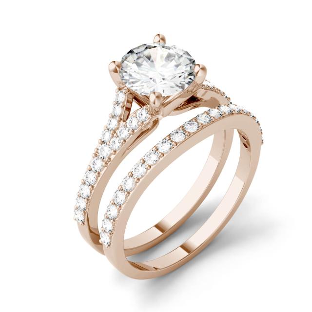 2.13 CTW DEW Round Forever One Moissanite Side-Stone Bridal Ring in 14K Rose Gold