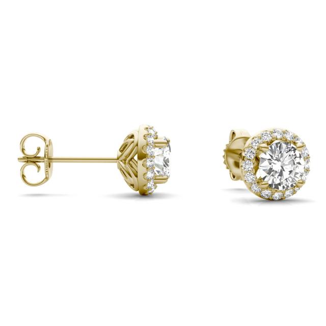 1.18 CTW DEW Round Forever One Moissanite Signature Halo Earrings in 14K Yellow Gold