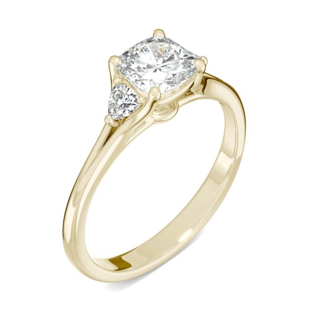 1.20 CTW DEW Cushion Forever One Moissanite Signature Hearts & Arrows Cushion Three Stone Ring in 14K Yellow Gold