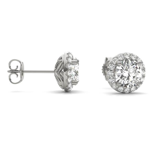 2.40 CTW DEW Round Forever One Moissanite Signature Halo Earrings in 14K White Gold