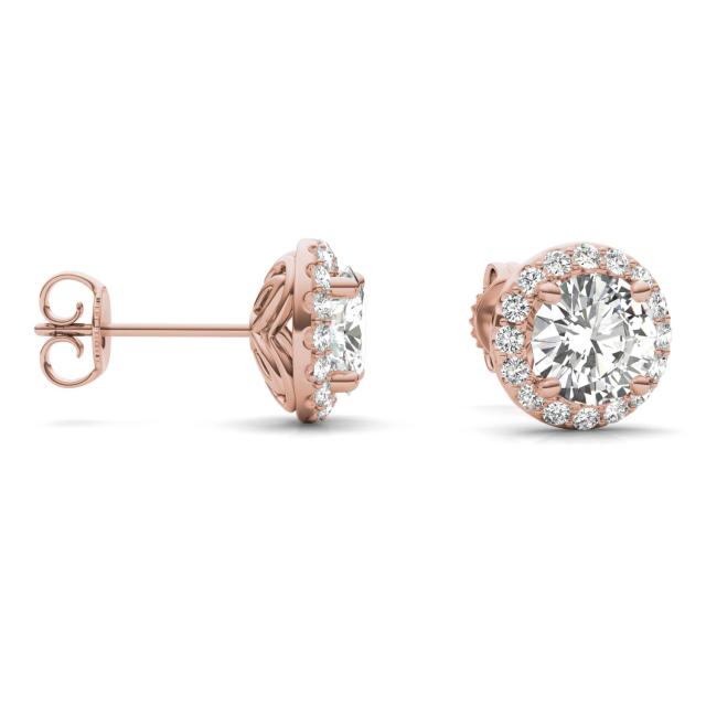 2.40 CTW DEW Round Forever One Moissanite Signature Halo Earrings in 14K Rose Gold