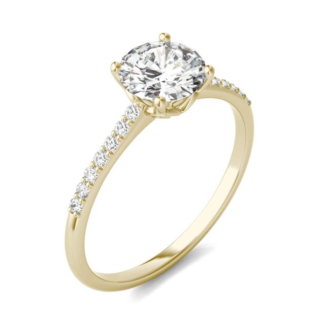 1.19 CTW DEW Round Forever One Moissanite Signature Side Stone Round Engagement Ring in 14K Yellow Gold