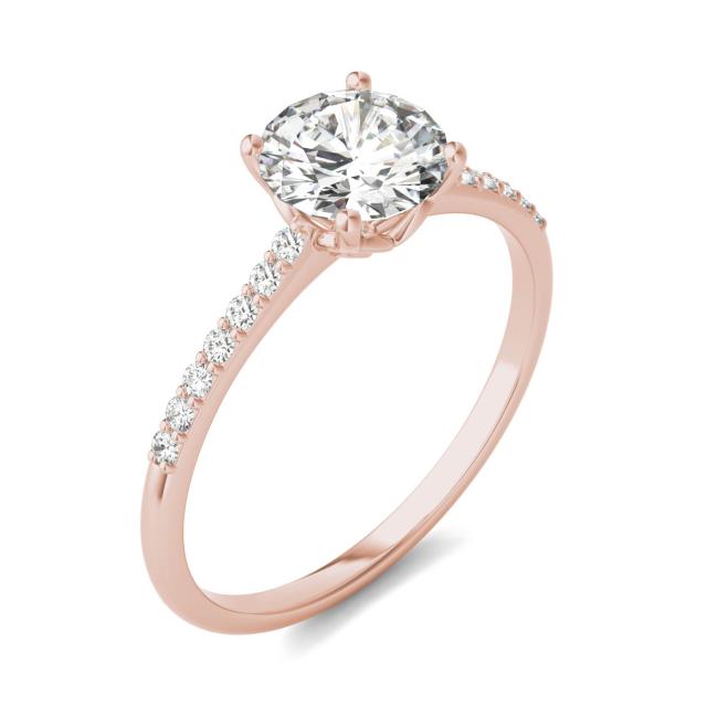 1.19 CTW DEW Round Forever One Moissanite Signature Side Stone Round Engagement Ring in 14K Rose Gold