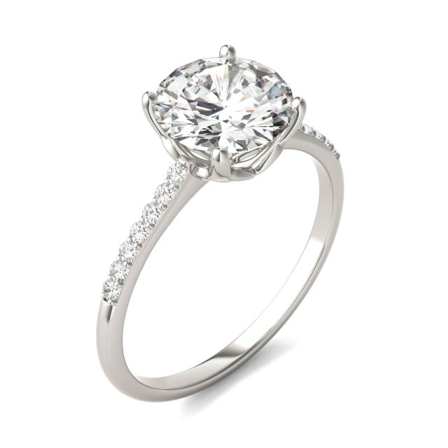 2.07 CTW DEW Round Forever One Moissanite Signature Side Stone Round Engagement Ring in 14K White Gold
