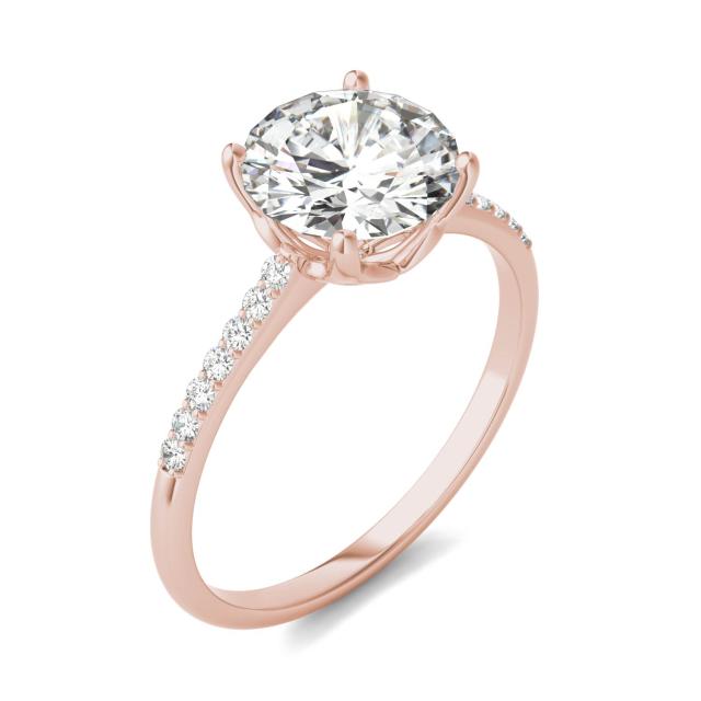 2.07 CTW DEW Round Forever One Moissanite Signature Side Stone Round Engagement Ring in 14K Rose Gold