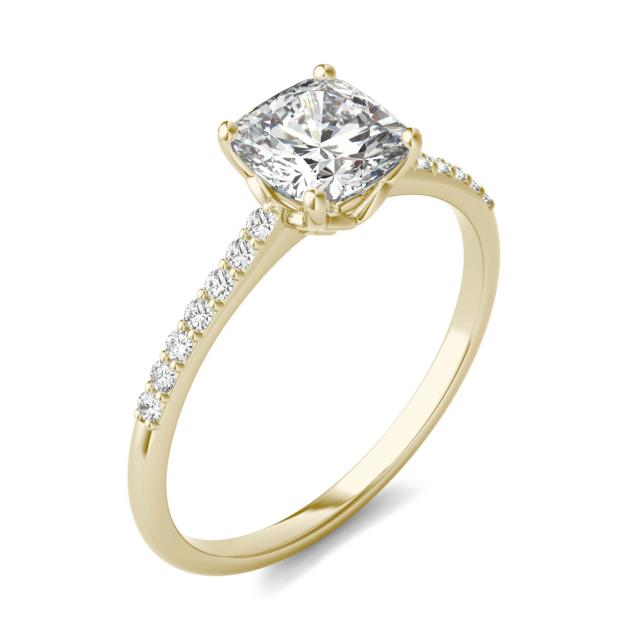 1.16 CTW DEW Cushion Forever One Moissanite Signature Cushion Side Stone Engagement Ring in 14K Yellow Gold