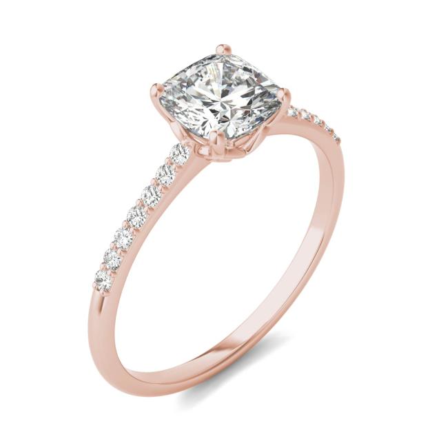 1.16 CTW DEW Cushion Forever One Moissanite Signature Cushion Side Stone Engagement Ring in 14K Rose Gold