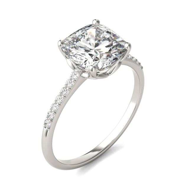 2.43 CTW DEW Cushion Forever One Moissanite Signature Cushion Side Stone Engagement Ring in 14K White Gold