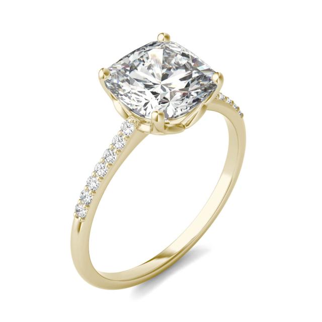 2.43 CTW DEW Cushion Forever One Moissanite Signature Cushion Side Stone Engagement Ring in 14K Yellow Gold