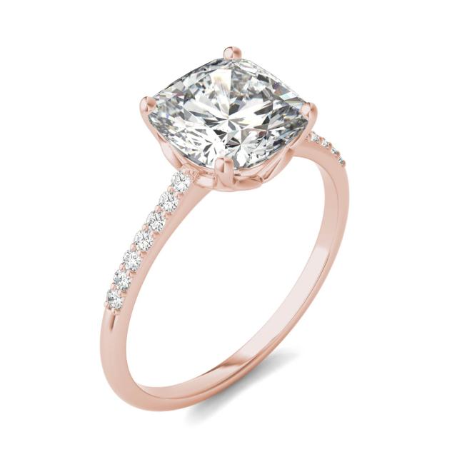 2.43 CTW DEW Cushion Forever One Moissanite Signature Cushion Side Stone Engagement Ring in 14K Rose Gold