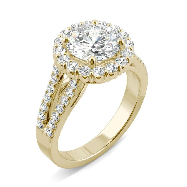 2.63 CTW DEW Round Forever One Moissanite Signature Halo Split Shank Engagement Ring in 14K Yellow Gold