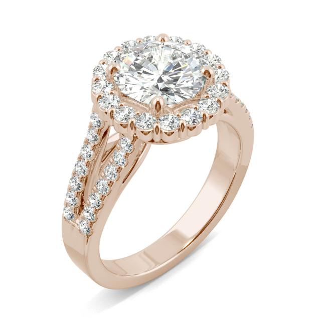 2.63 CTW DEW Round Forever One Moissanite Signature Halo Split Shank Engagement Ring in 14K Rose Gold
