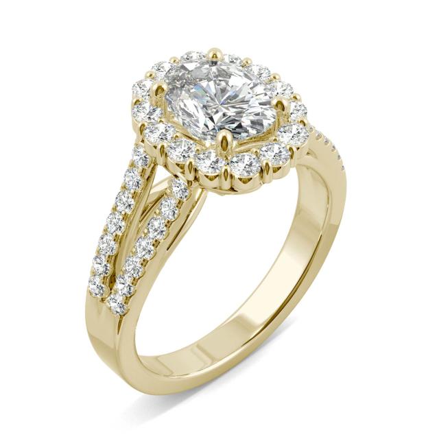 2.14 CTW DEW Oval Forever One Moissanite Signature Halo Split Shank Engagement Ring in 14K Yellow Gold