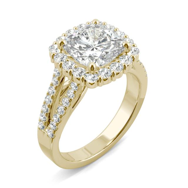 3.06 CTW DEW Cushion Forever One Moissanite Signature Halo Split Shank Engagement Ring in 14K Yellow Gold