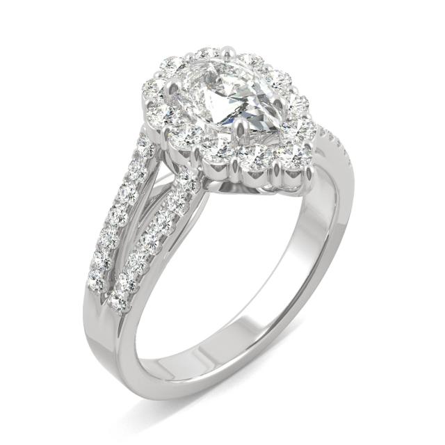 1.67 CTW DEW Pear Forever One Moissanite Signature Halo Split Shank Engagement Ring in 14K White Gold