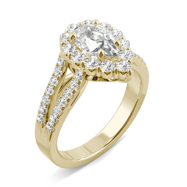 1.67 CTW DEW Pear Forever One Moissanite Signature Halo Split Shank Engagement Ring in 14K Yellow Gold