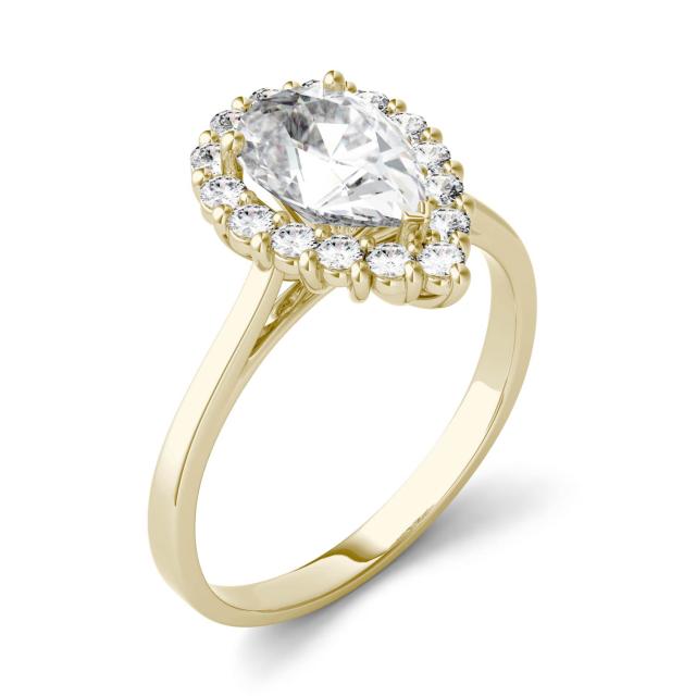 1.80 CTW DEW Pear Forever One Moissanite Halo Engagement Ring in 14K Yellow Gold