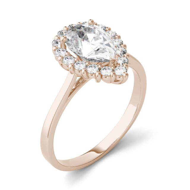 1.80 CTW DEW Pear Forever One Moissanite Halo Engagement Ring in 14K Rose Gold